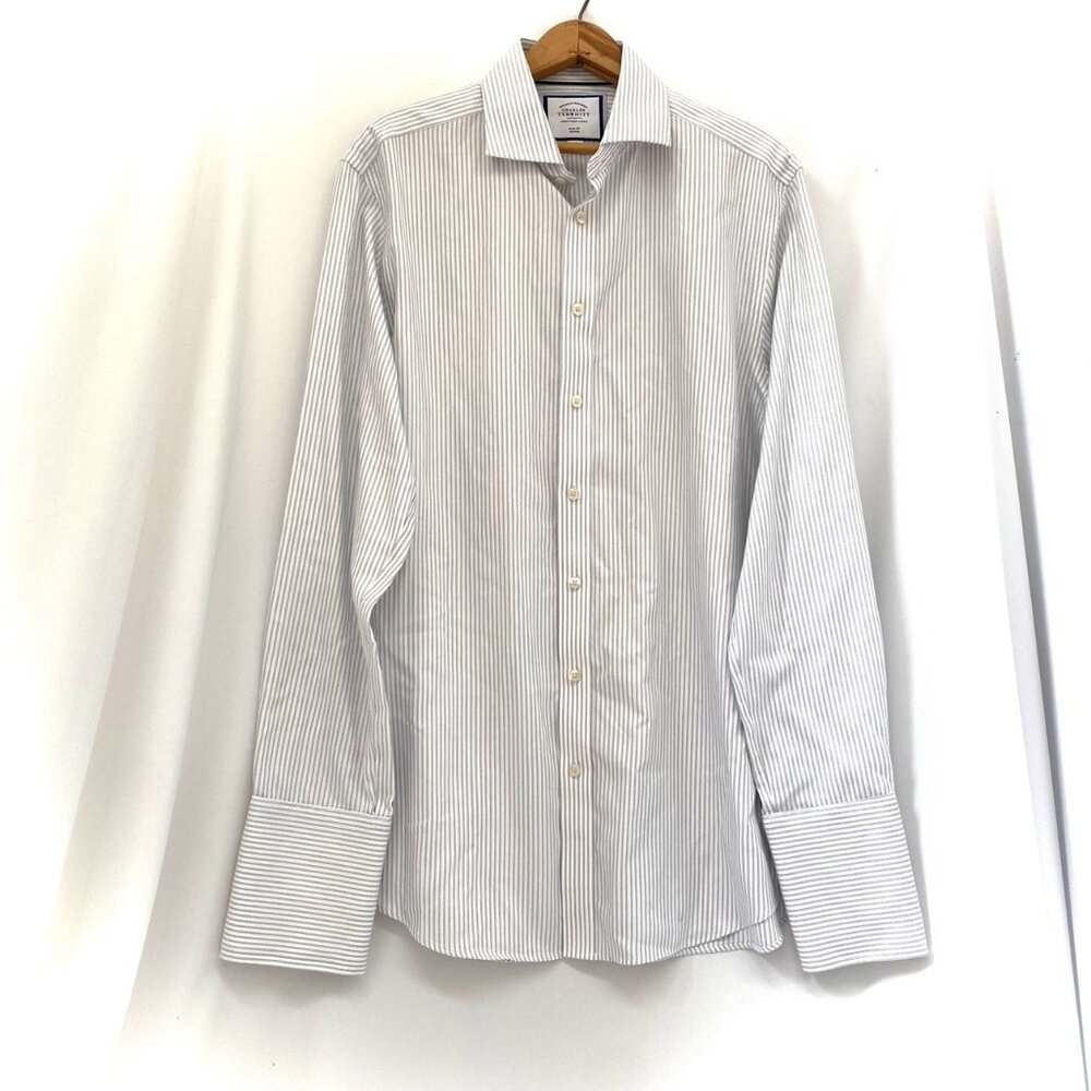 Charles Tyrwhitt Cotton Slim Fit Button Up Dress Shirt 16/35 Gray FRENCH CUFF